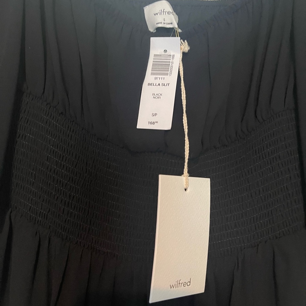 Wilfred Black Pleated Ruched Midi Dress
